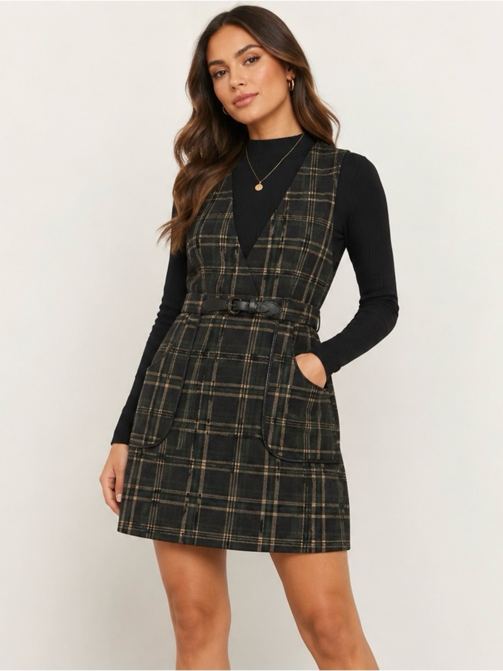 Black and Olive Plaid V‑Neck Belted Mini Dress